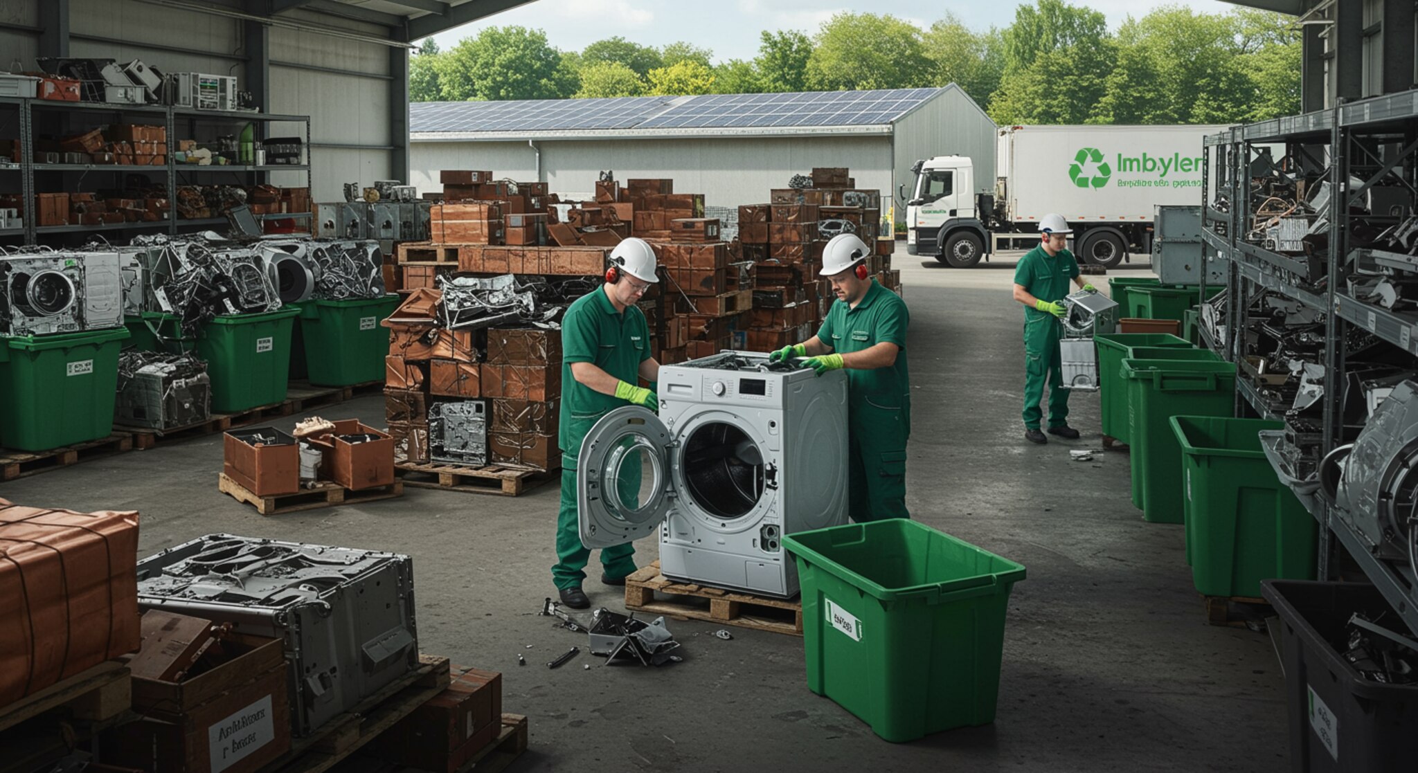 "Instalación moderna de reciclaje de electrodomésticos con técnicos desarmando una lavadora, materiales organizados y paneles solares, destacando el compromiso con la sostenibilidad."