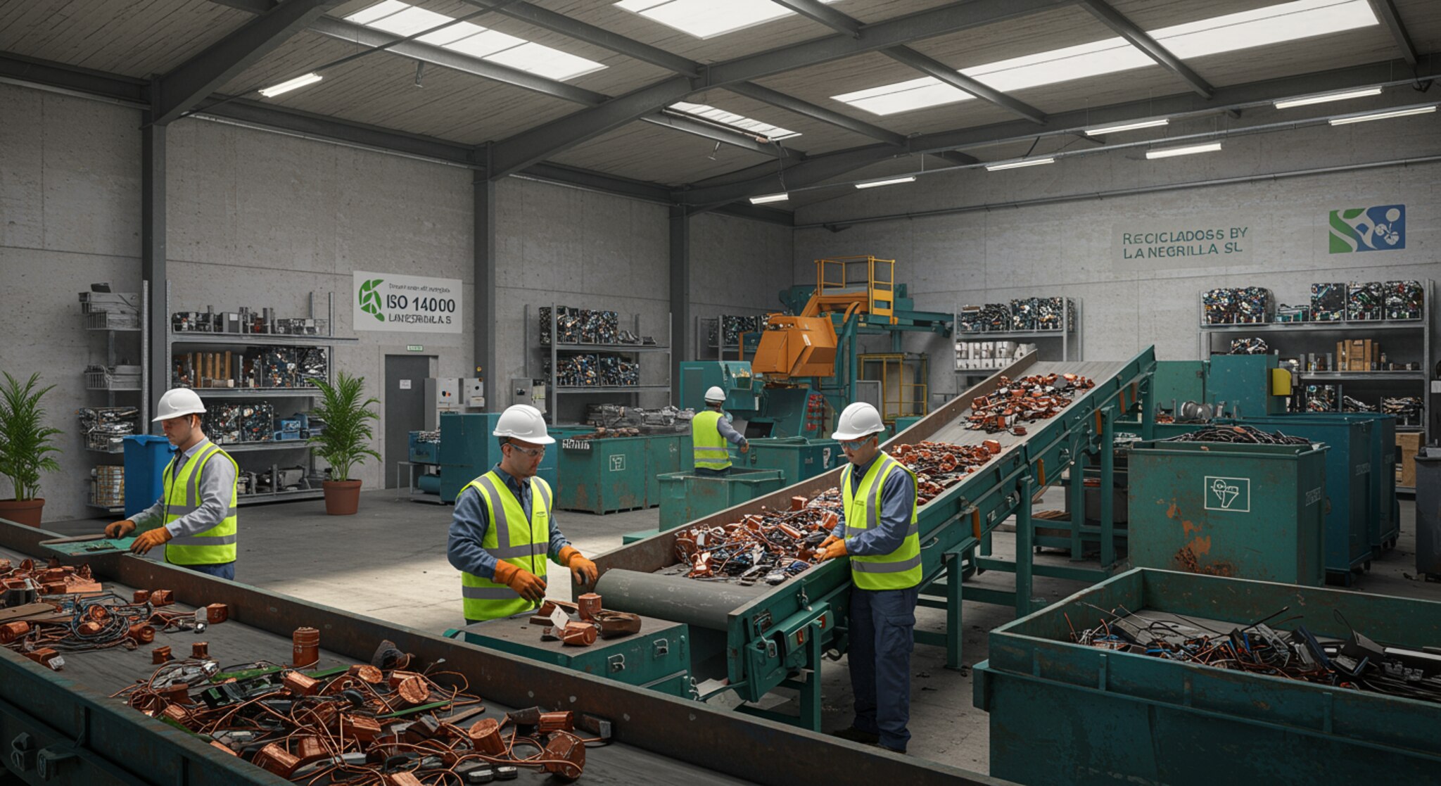"Ilustración digital de alta resolución de una moderna instalación de reciclaje de metales, mostrando trabajadores profesionales en equipo de seguridad, procesando chatarra y promoviendo la responsabilidad ambiental."