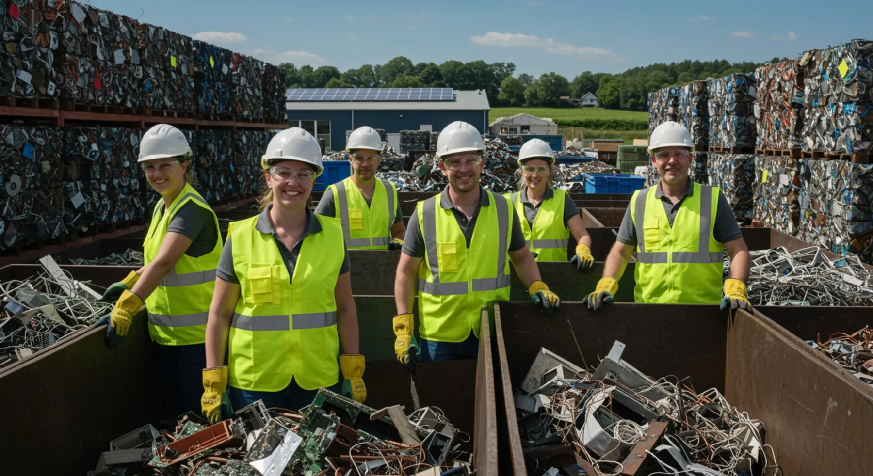 imagen26 "Grupo de profesionales en una moderna instalación de reciclaje de metales y residuos electrónicos, trabajando en equipo con seguridad y eficiencia, en un entorno sostenible."